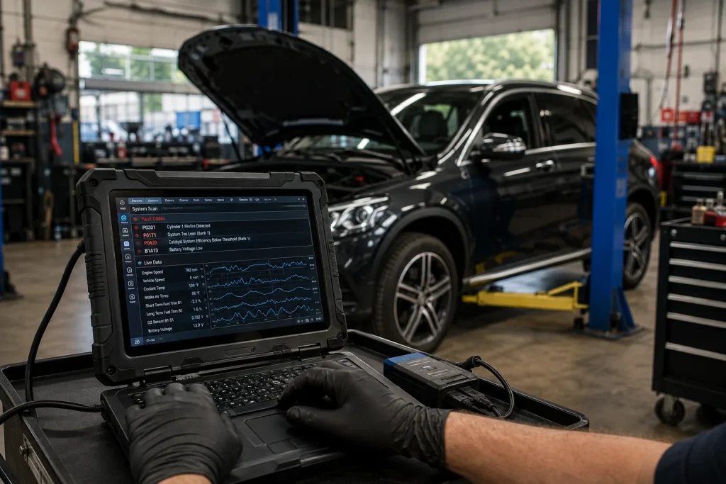 Technician using diagnostic equipment to test a Mercedes-Benz SUV