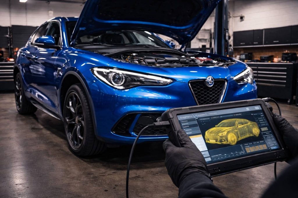 Alfa Romeo diagnostics in Grand Haven with blue Stelvio in repair shop using advanced scan tools