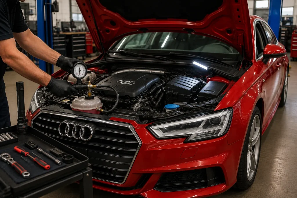 Red Audi undergoing a cooling system pressure test in an auto repair shop