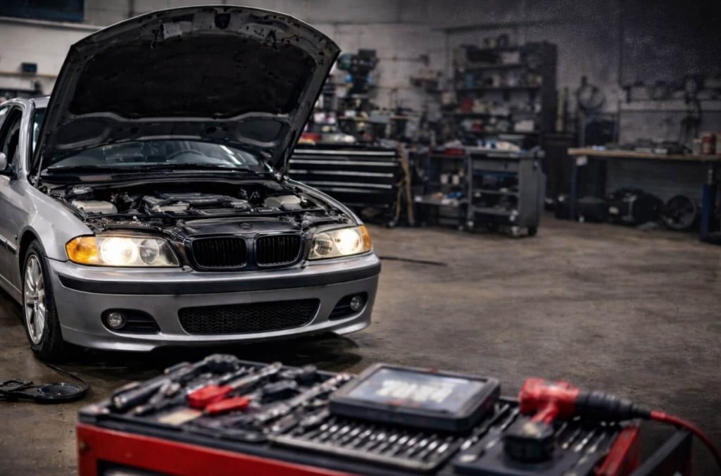 older model BMW E46 getting service and repairs performed in our BMW repair shop located in Grand Haven, MI
