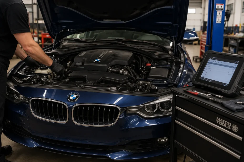 BMW undergoing engine diagnostics and repair in a professional auto repair shop