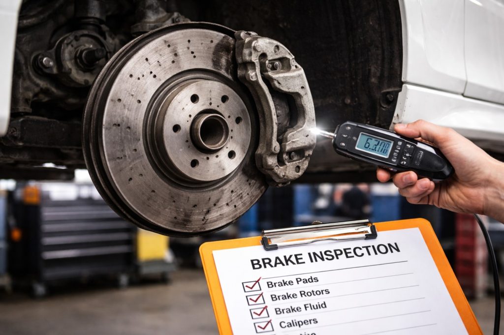 technician checking the brake pads with a digital micrometer on a bmw in Grand Haven, MI