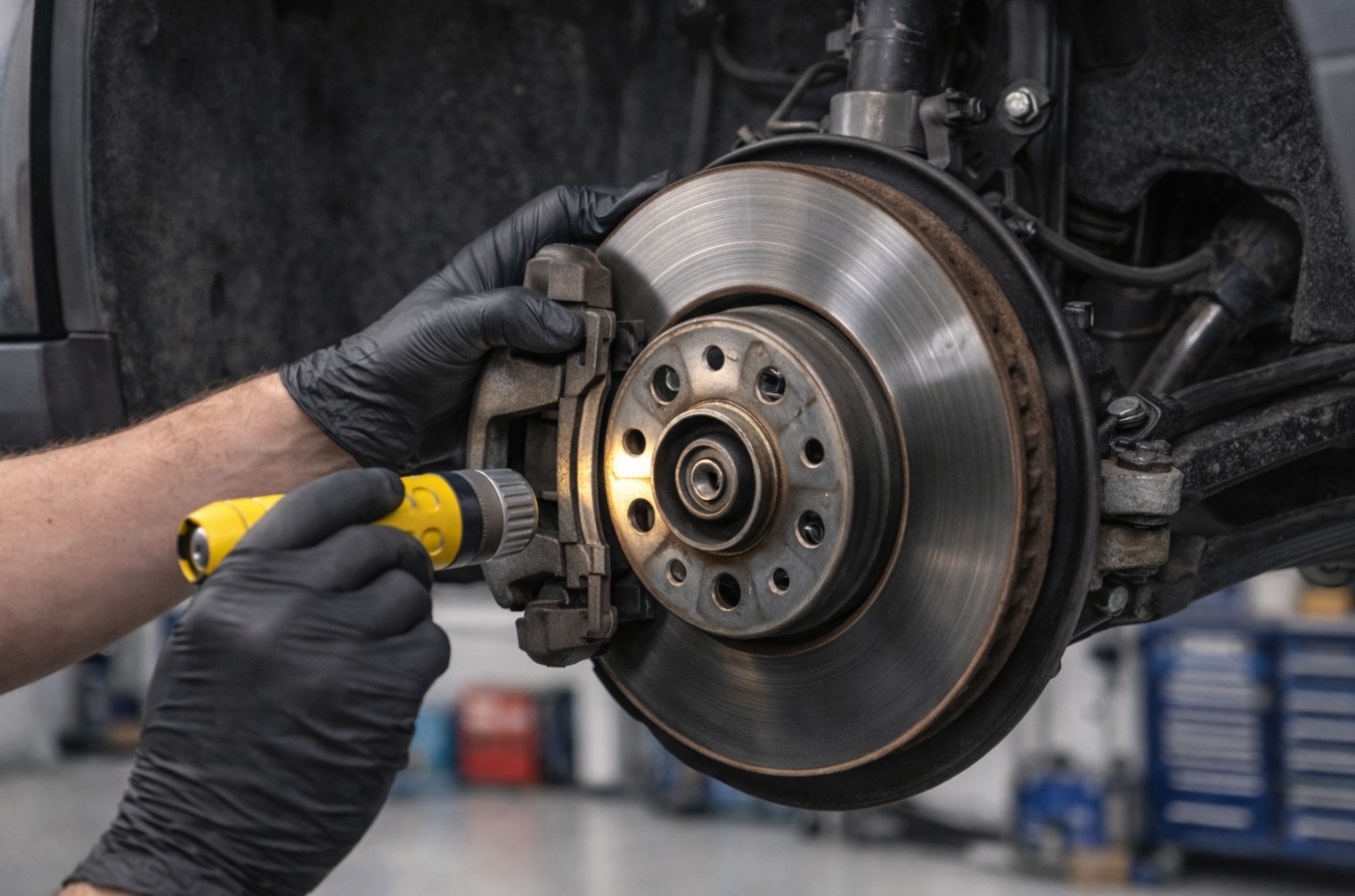 mechanic using a flashlight to perform a brake inspection on a clients Alfa Romeo here in Grand Haven, MI
