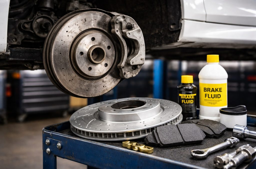 new brake pads and rotors for the BWM along with a bottle of brake fluid, and the tools needed for the brake job.