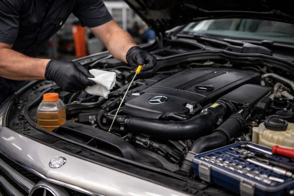 Mercedes Benz oil check during routine maintenance