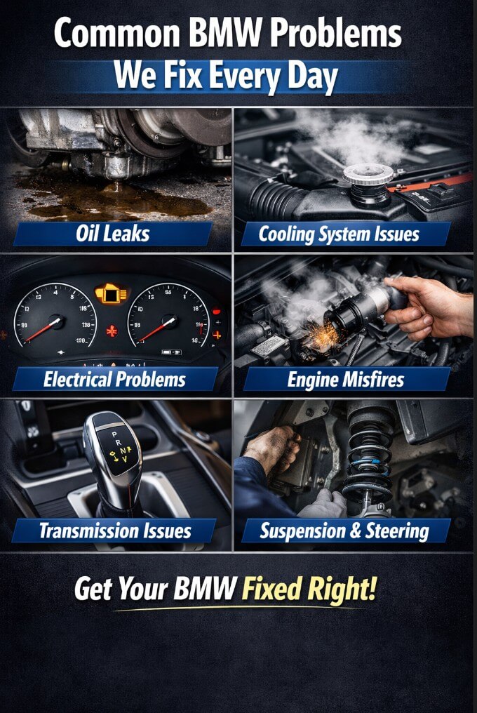 flyer showing the various BMW problems we fix everyday at EuroAsian Auto Care in Grand Haven, MI