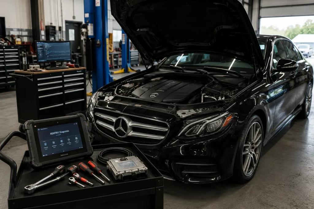 Mercedes-Benz sedan with hood open for diagnostic testing and repair