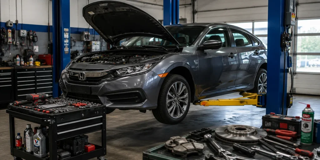 Honda on lift for complete repair service in Grand Haven