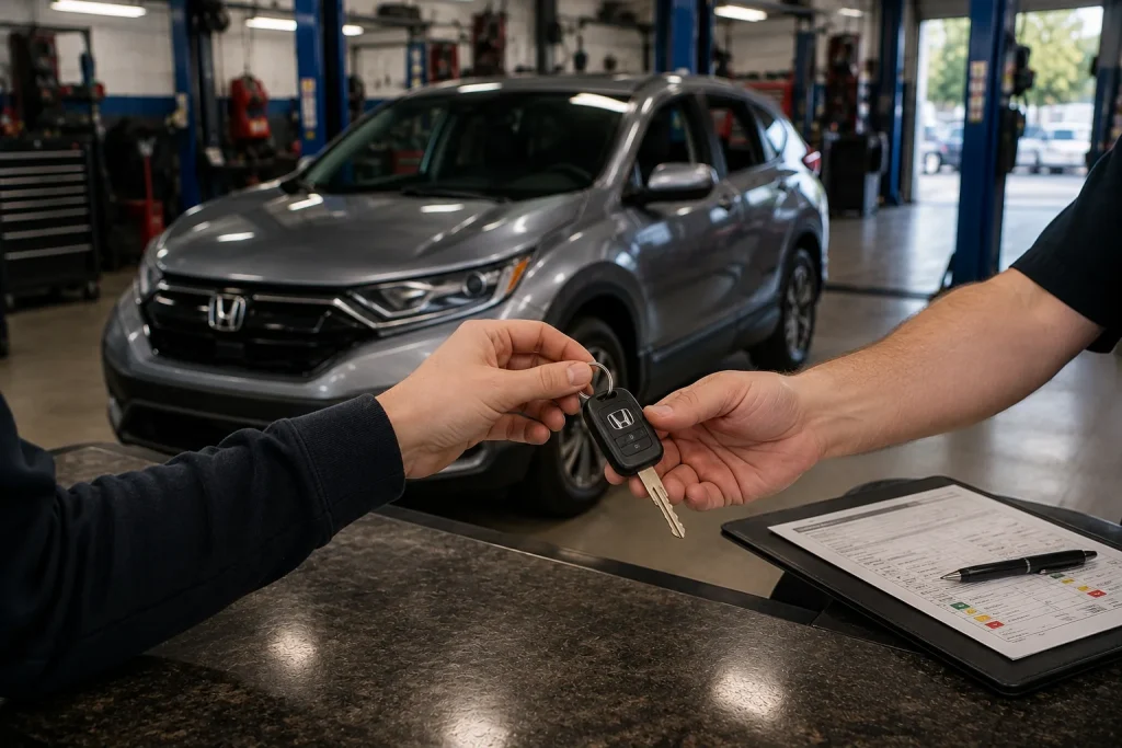 Honda owner receiving vehicle keys after repair service