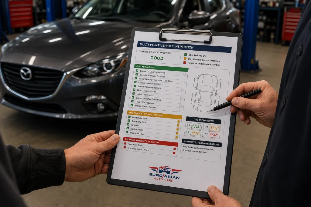 Mazda owner reviewing a vehicle inspection report with a service advisor