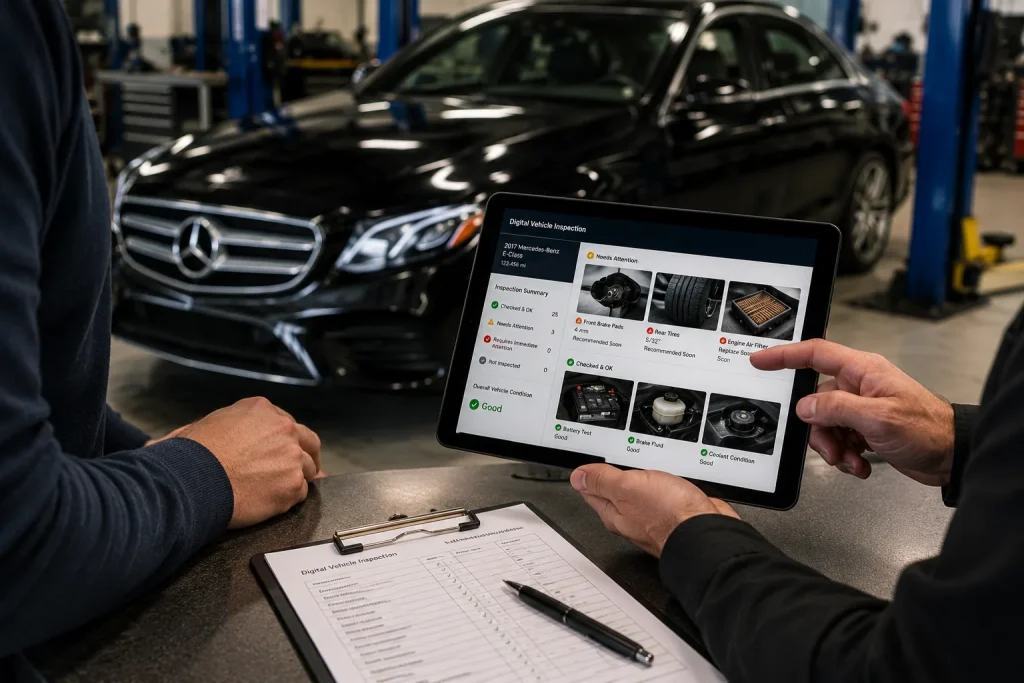 Mercedes-Benz owner reviewing a digital vehicle inspection with a service advisor