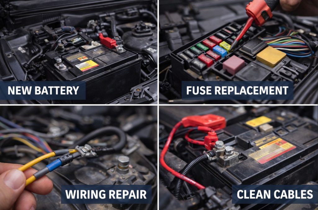 image showing 4 images together for a new battery, fuse replacement, wiring repair, and new battery cables.