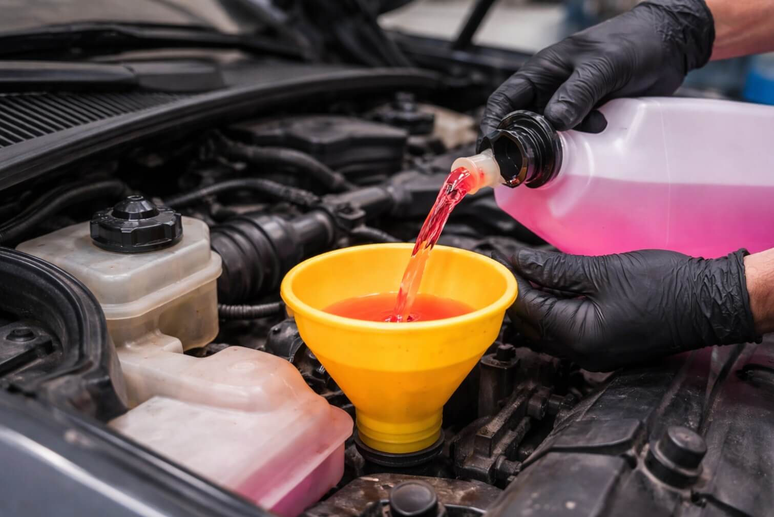 mechanic inspecting fluid levels and filling the windshield washer reservoir