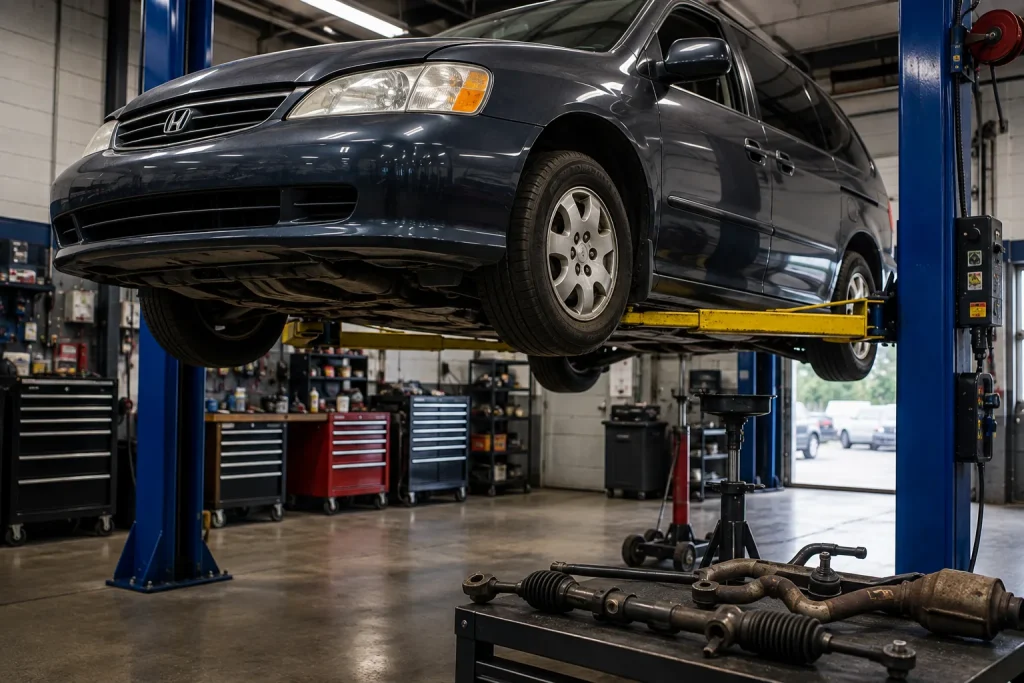 Older Honda Odyssey on a lift for high mileage repair and maintenance