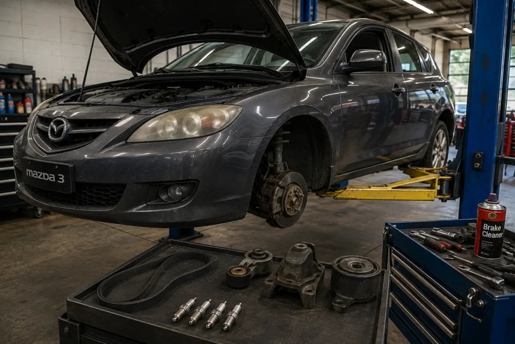 Older Mazda3 on a lift for high mileage repair and maintenance