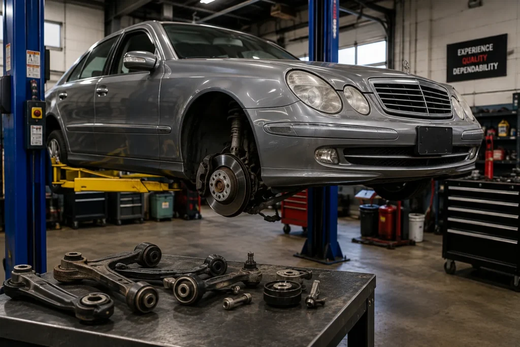 Older Mercedes-Benz E-Class on a lift with suspension components removed for repair