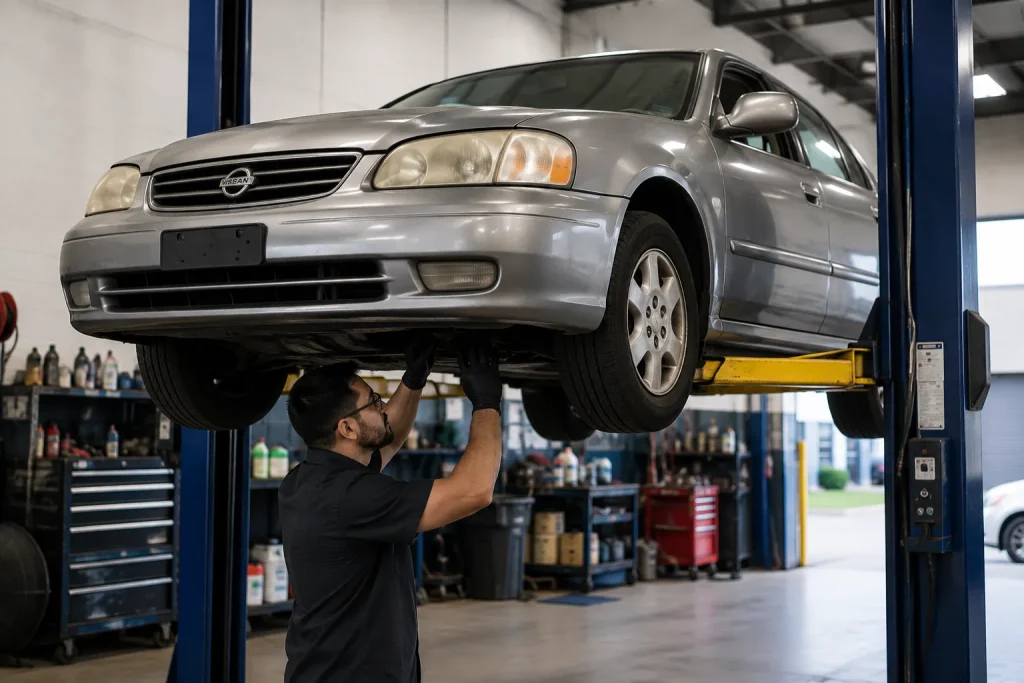 Technician inspecting an older Nissan Altima on a lift