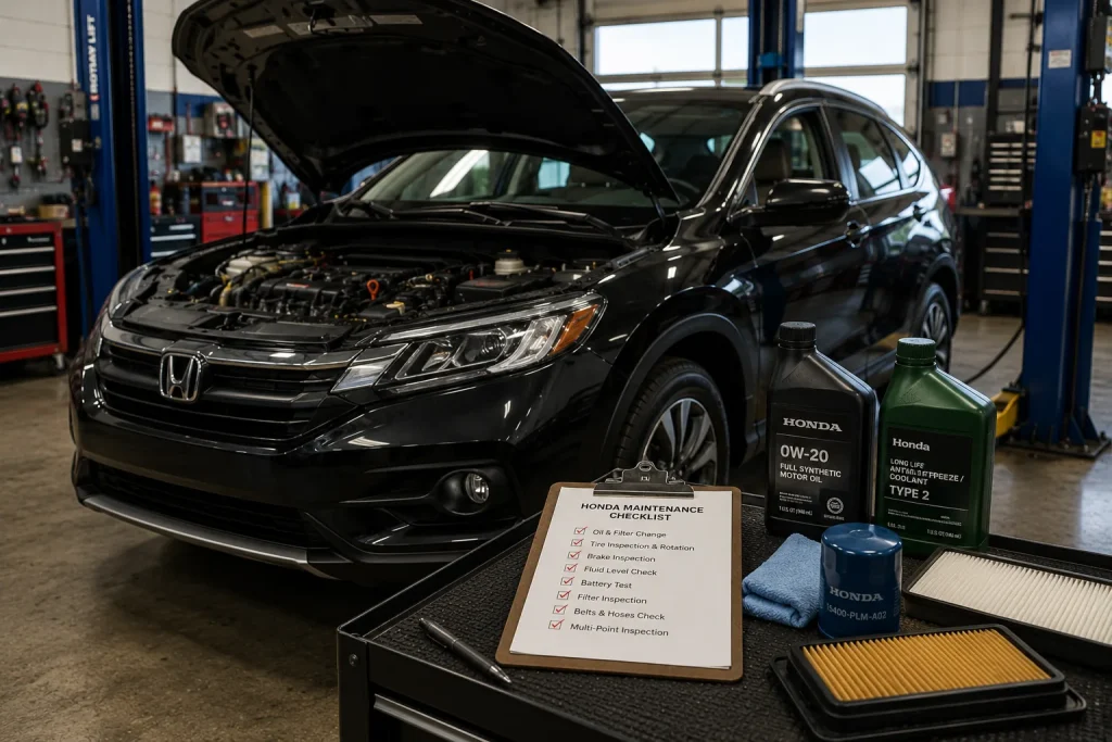 Honda in repair shop with maintenance fluids and filters ready for service