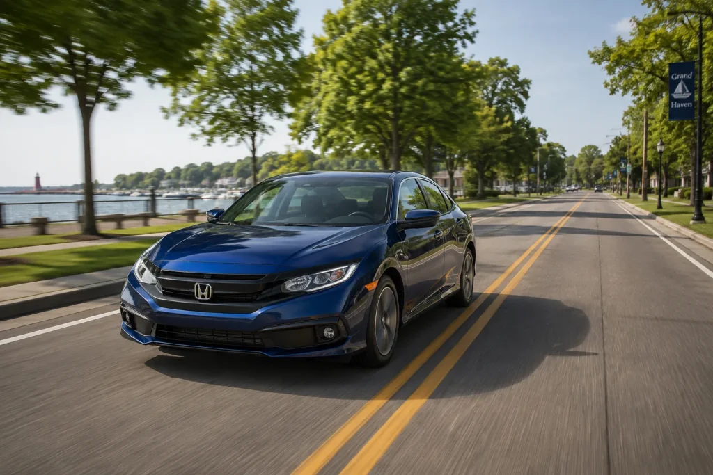 Blue Honda Civic driving along a waterfront road in Grand Haven