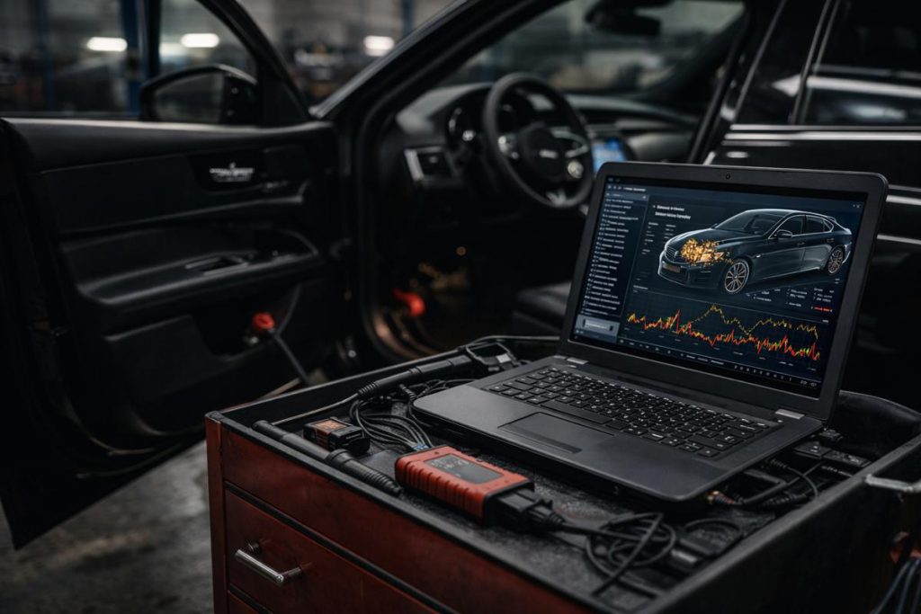 Jaguar SUV with a code scanner plugged in with a laptop showing engine issues and RPMs like a dyno