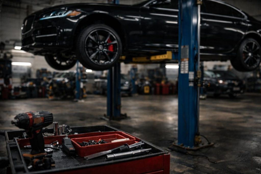 Jaguar XF on lift with tools for maintenance service
