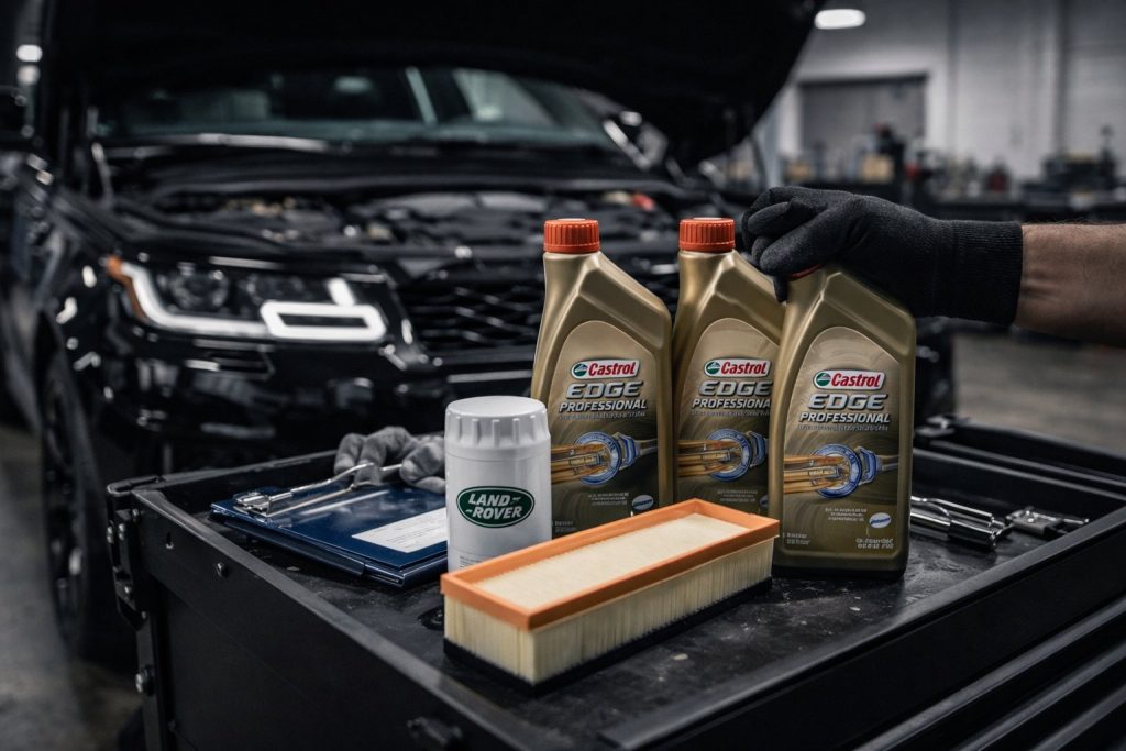 mechanic getting ready to take care of the maintenance on this land rover defender. shows Castrol Edge synthetic oil, a land rover oil filer, cabin air filter and the tools needed to perform the maintenance all sitting on top of a black tool cart