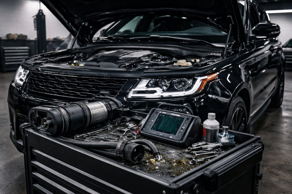 black land rover in our repair shop with a cart in front of it with tools, computer scanner, and parts to make the needed repairs.
