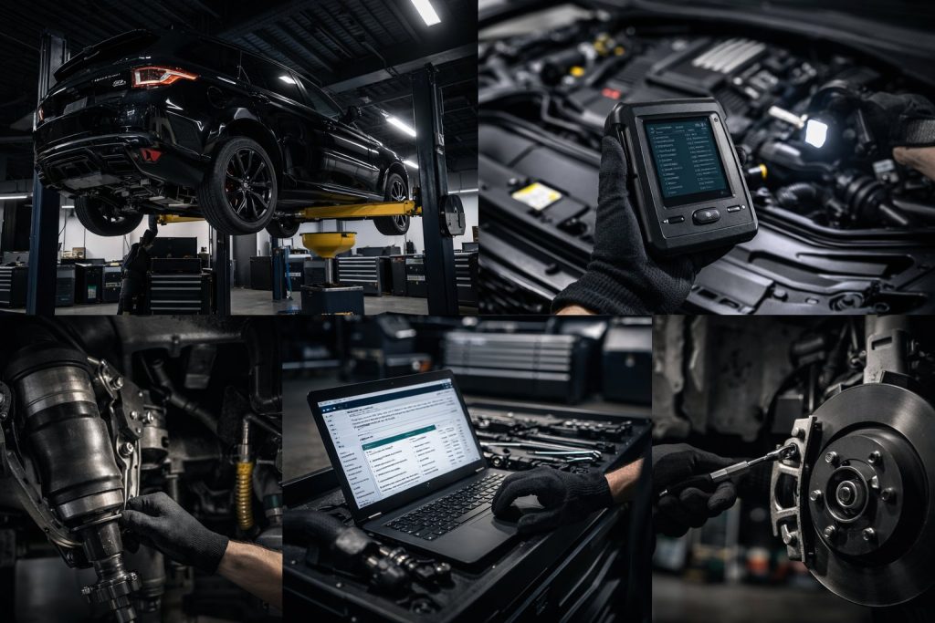 collage showing a black land rover in our repair shop on the lift, land rover mechanic with a diagnostic scanner in hand, technician on a laptop running a full scan of the electronics, a mechanic working on the brake calipers, and another on a front axle.