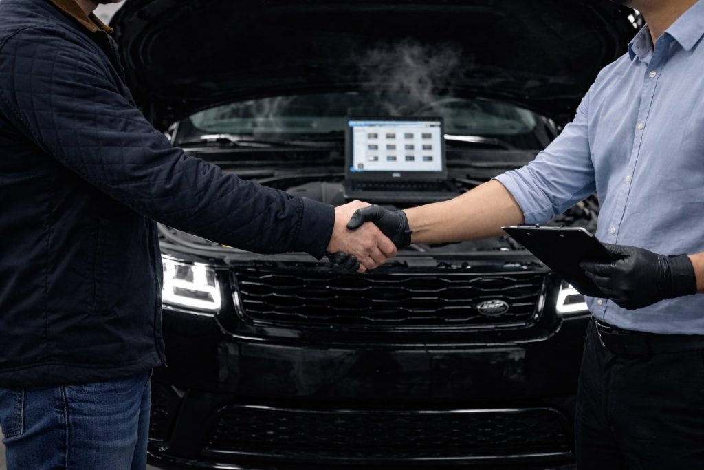 happy customer shaking hands with the head mechanic here at our land rover repair shop located in Grand Haven, MI