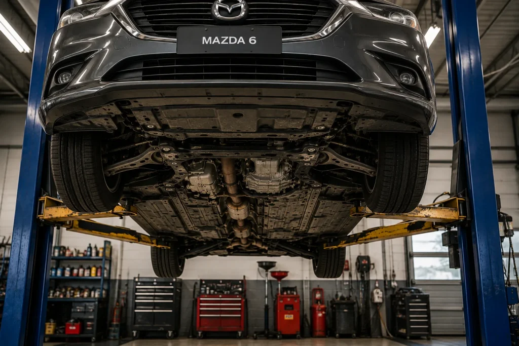 Mazda6 raised on a lift for preventive maintenance inspection