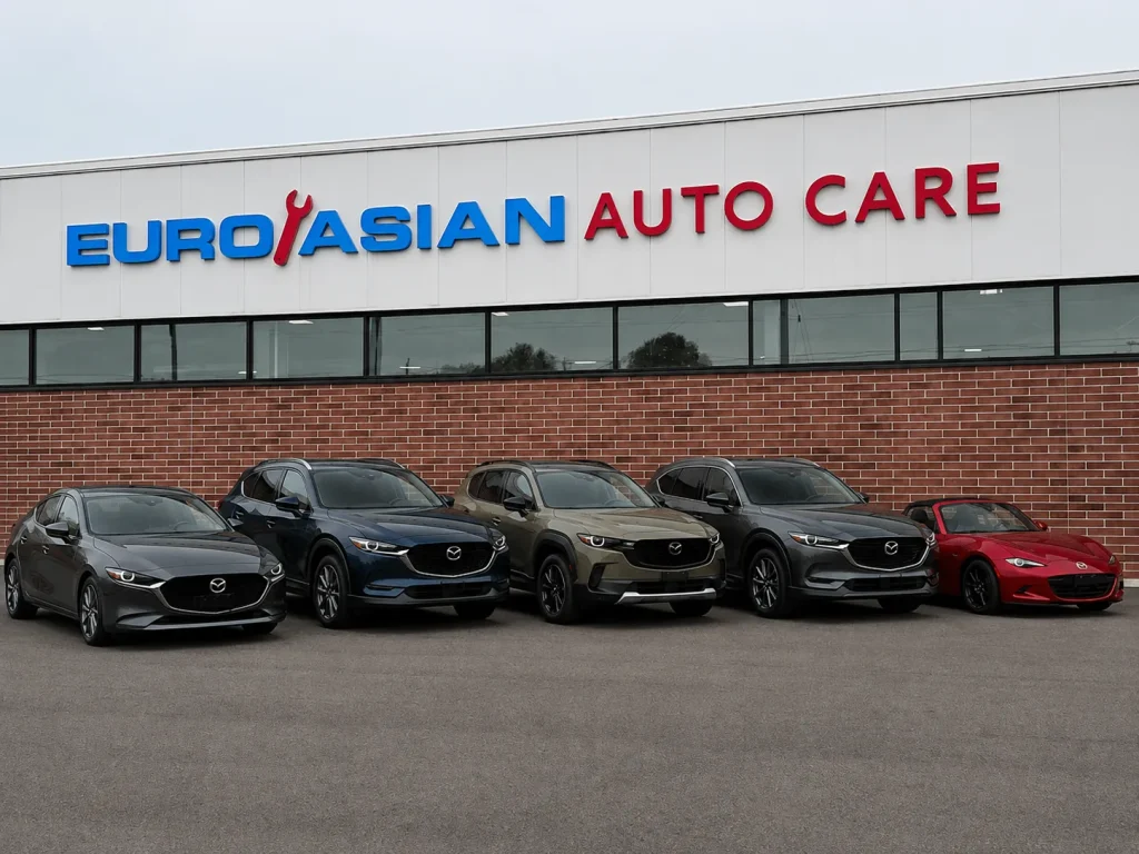Mazda cars and SUVs parked outside EuroAsian Auto Care