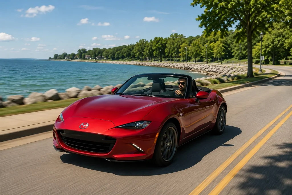Red Mazda MX-5 driving along a waterfront road