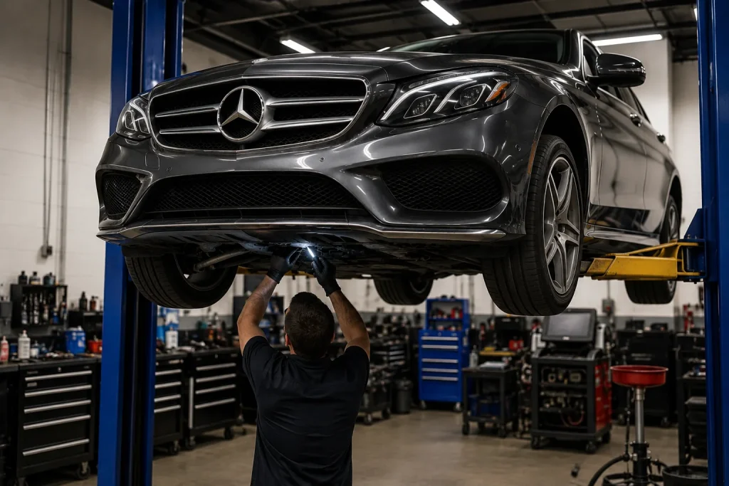 Mercedes Benz on a lift undergoing an underbody inspection