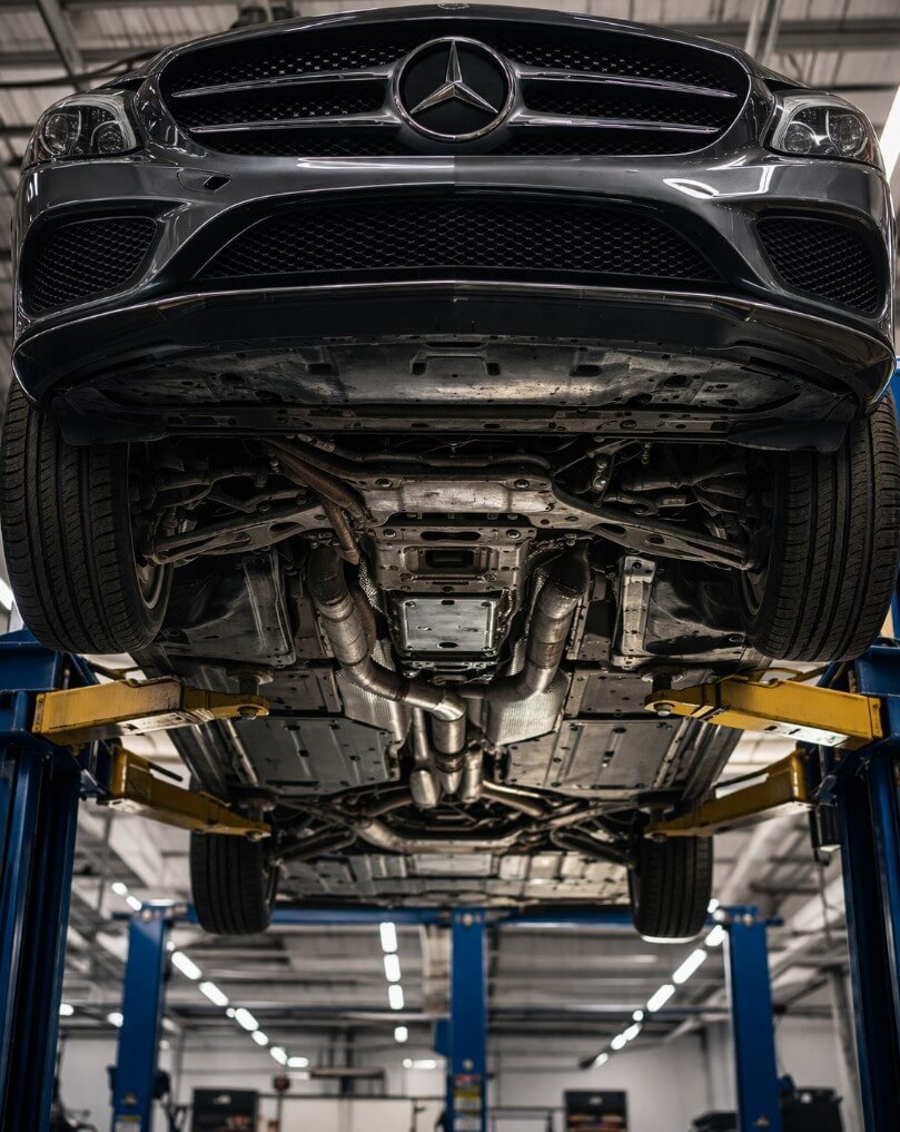 Mercedes-Benz GLE 350 SUV on the car lift to be inspected