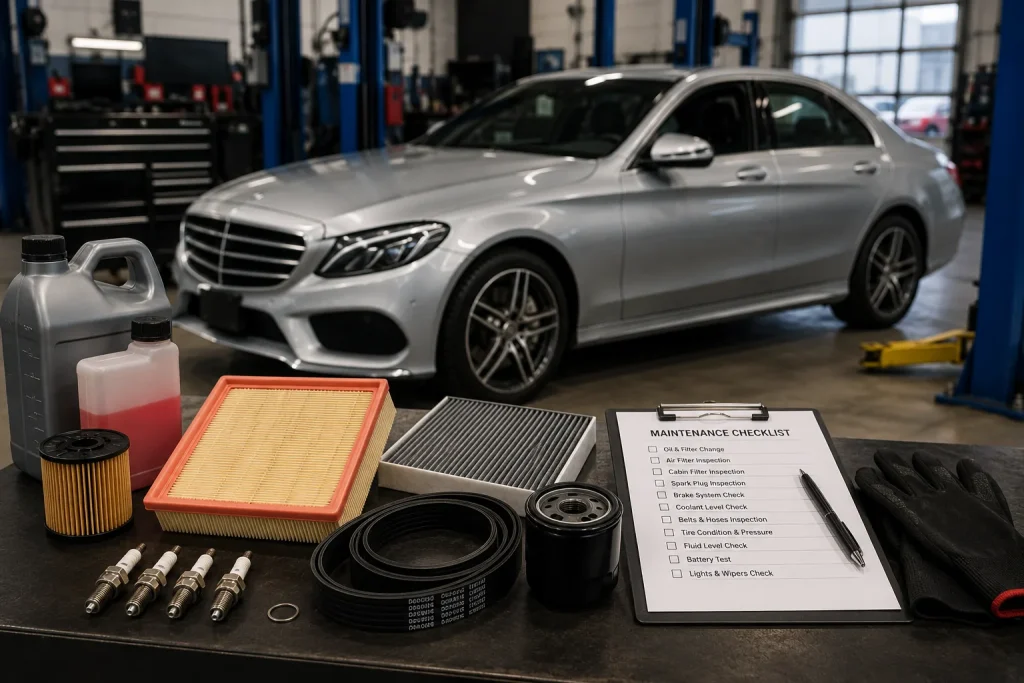 Mercedes-Benz sedan with filters, spark plugs, belt, fluids, and maintenance checklist