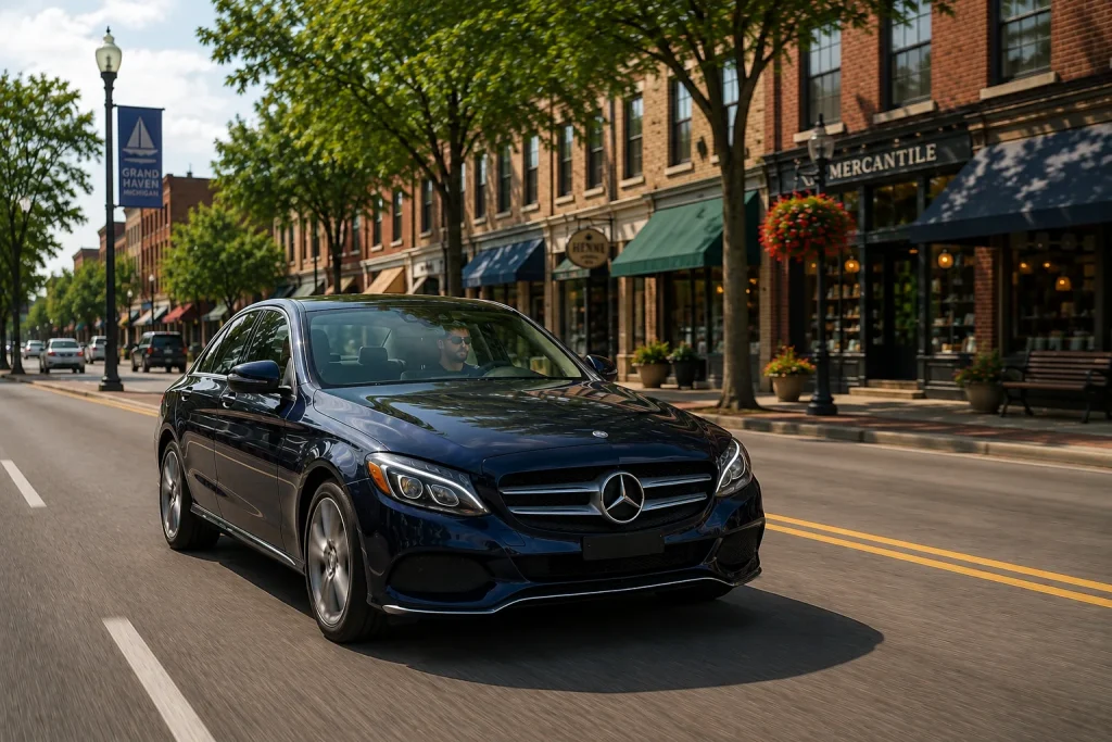 Blue Mercedes-Benz sedan driving through downtown Grand Haven