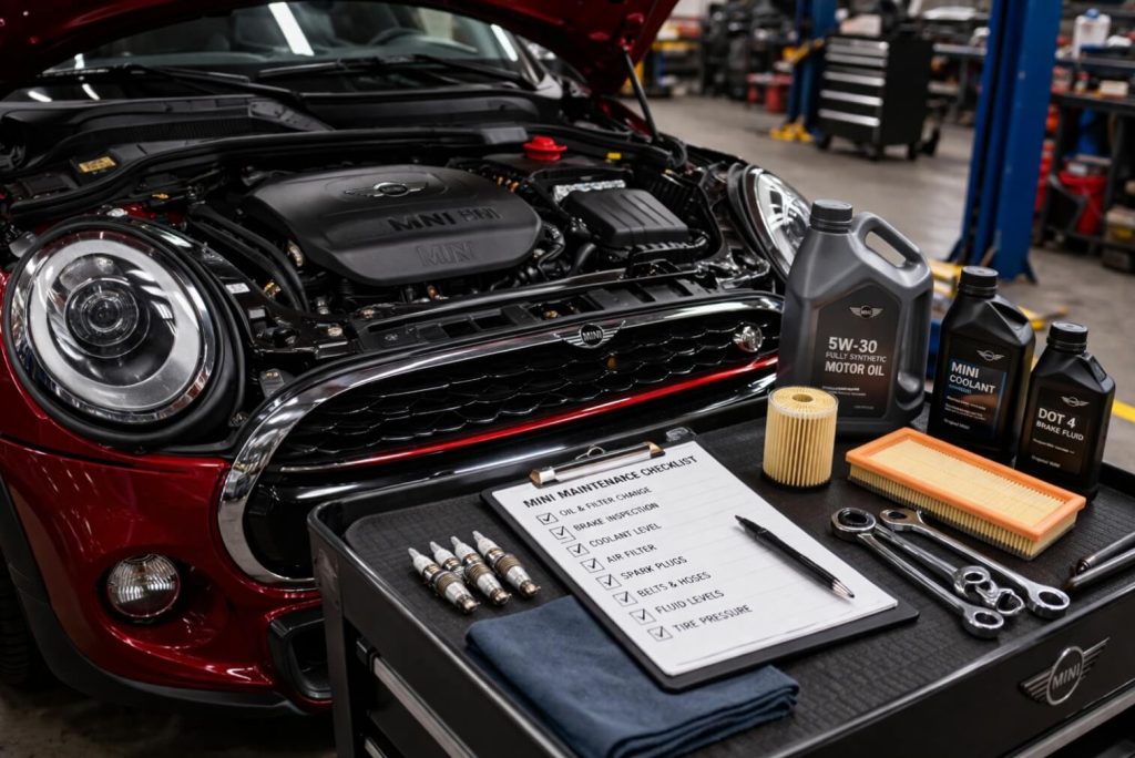 MINI maintenance checklist on tool cart with spark plugs, synthetic 5W-30 oil, coolant, oil filter, cabin air filter, and DOT 4 brake fluid