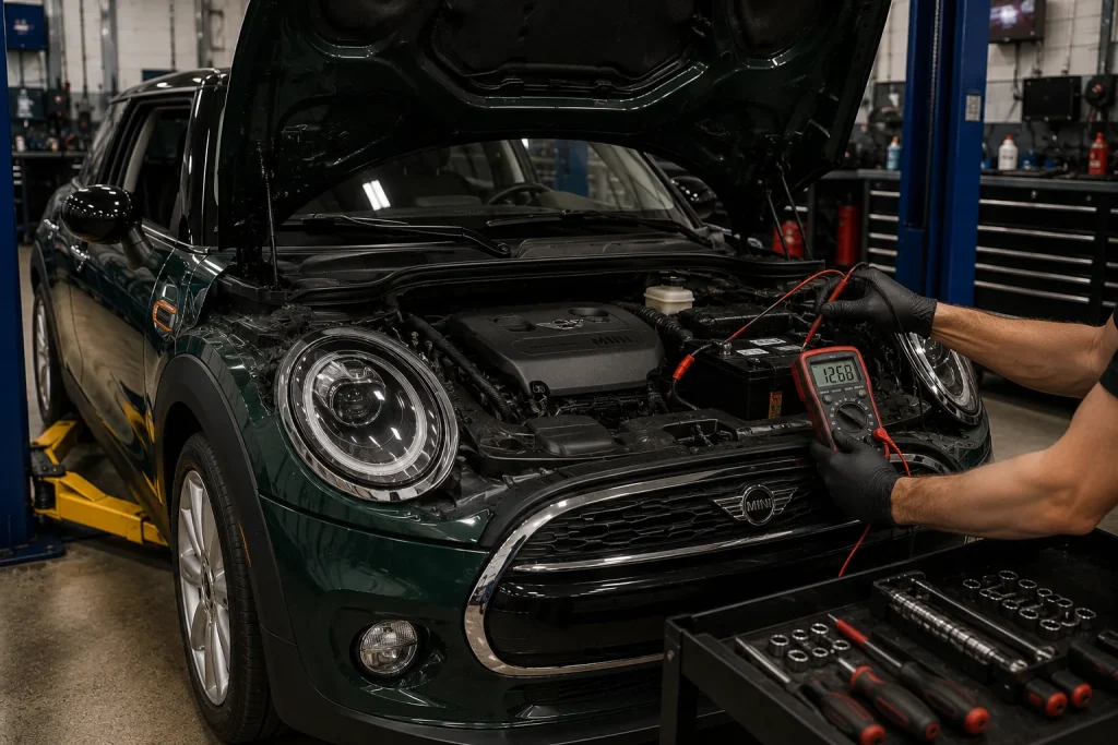 Technician testing the battery on a green MINI Cooper in an auto repair shop