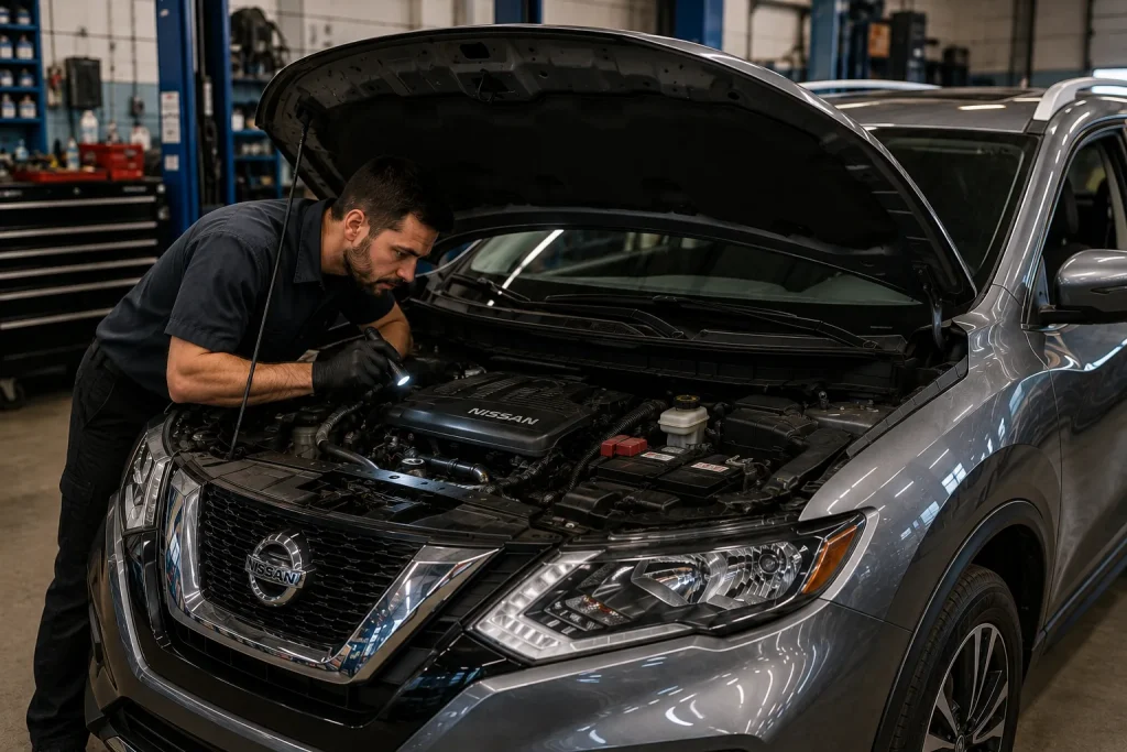 Technician inspecting a Nissan engine for common repair problems