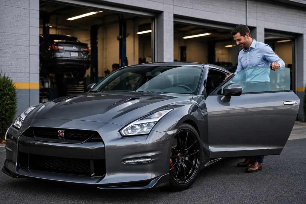 Customer getting into a Nissan GT-R after service