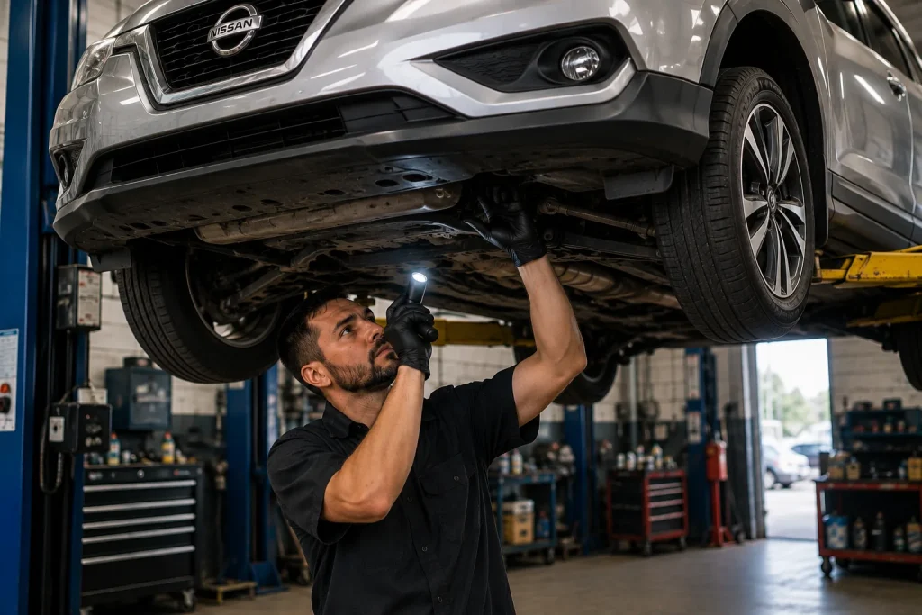 Technician inspecting a Nissan during preventive maintenance