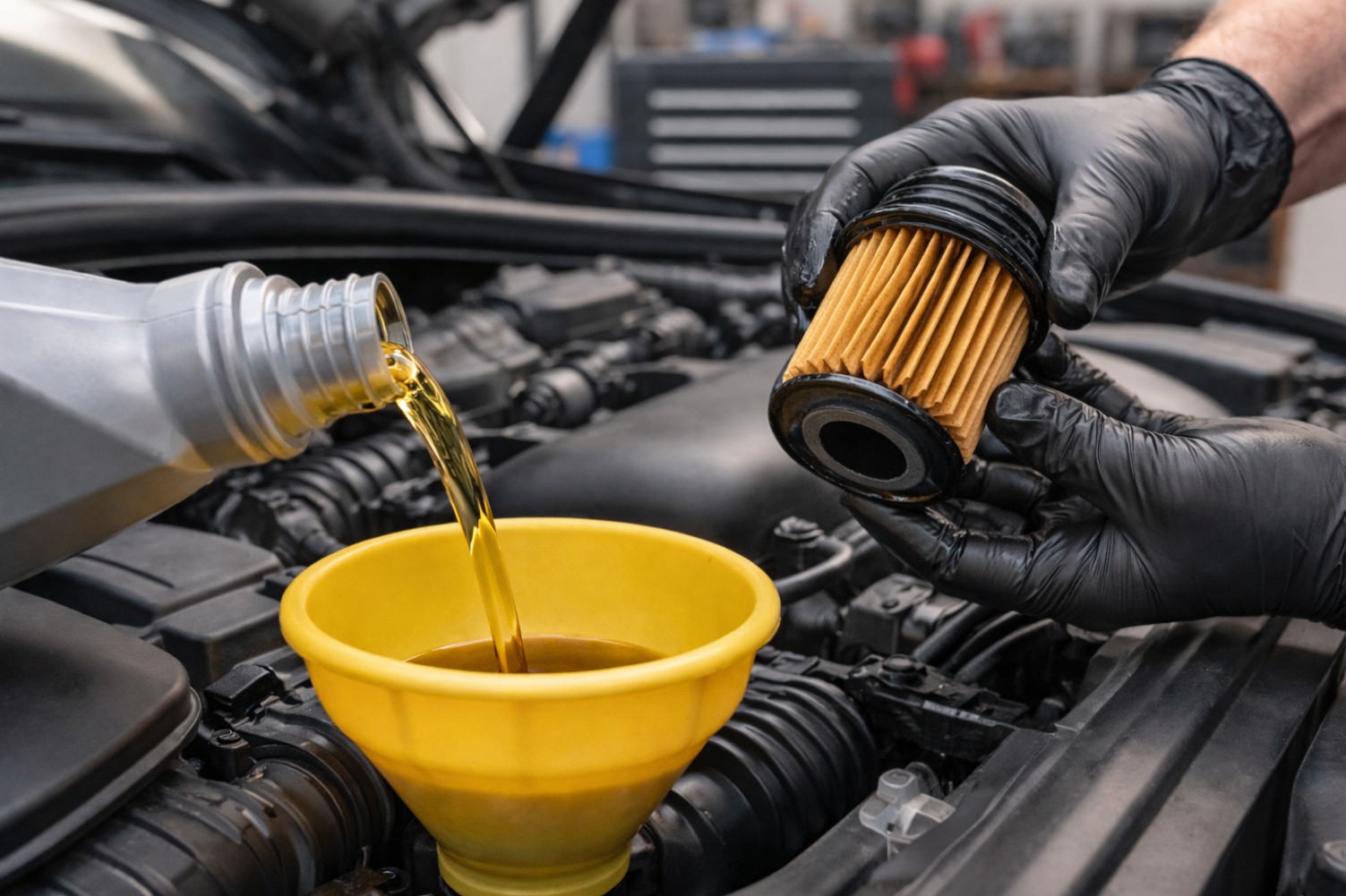 mechanic changing the oil and filter in this Audi for a customer in Grand Haven, MI