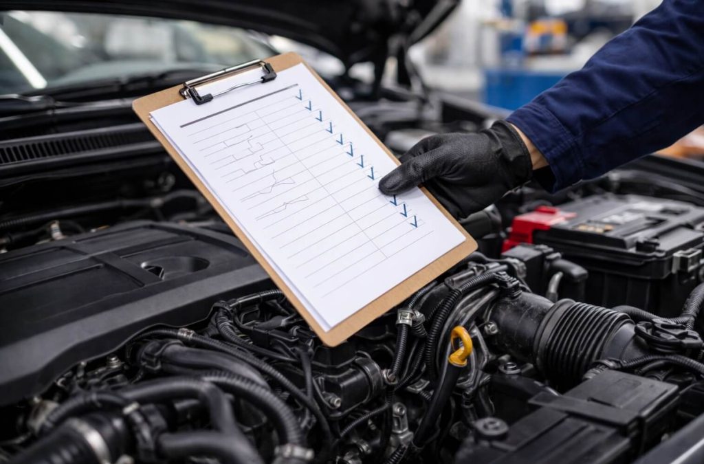 mechanic holding an fluid service checklist over the engine with the hood open