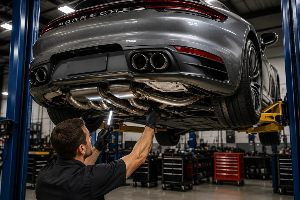 Technician inspecting the exhaust system underneath a Porsche on a vehicle lift