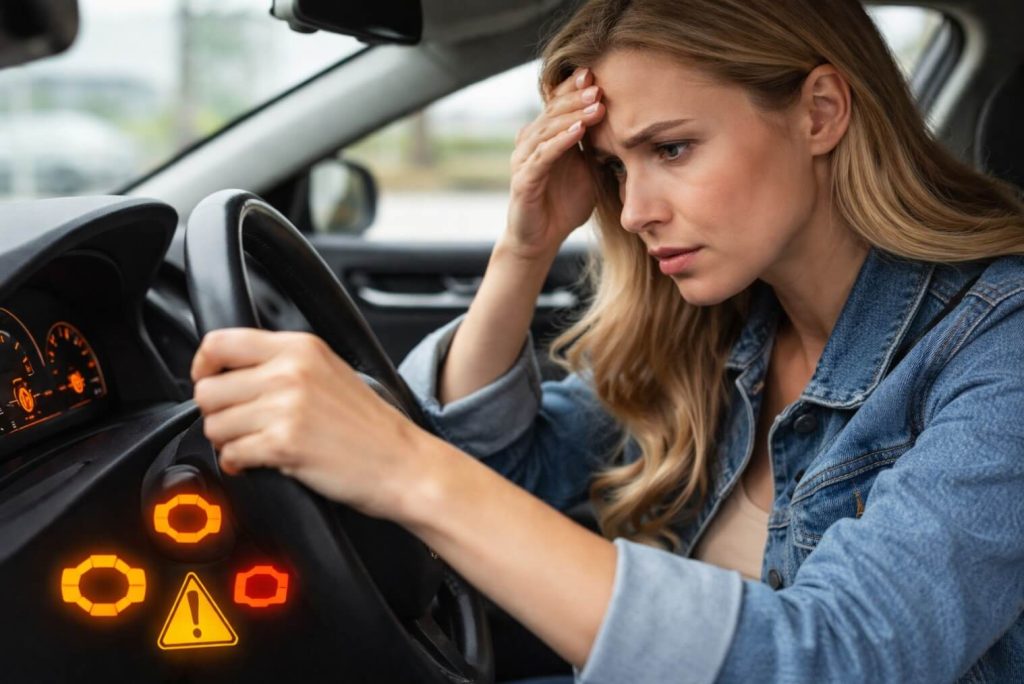 female resident in Grand Haven, MI holding hand to forehead in frustration over the 4 lights on her dashboard indicating there is a problem