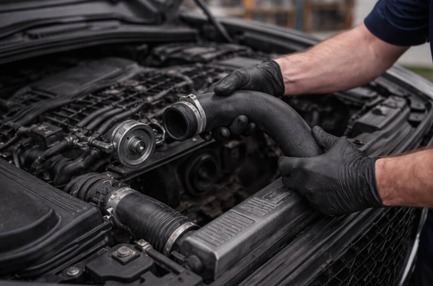 mechanic in Grand Haven changing the radiator hose on this vehicle
