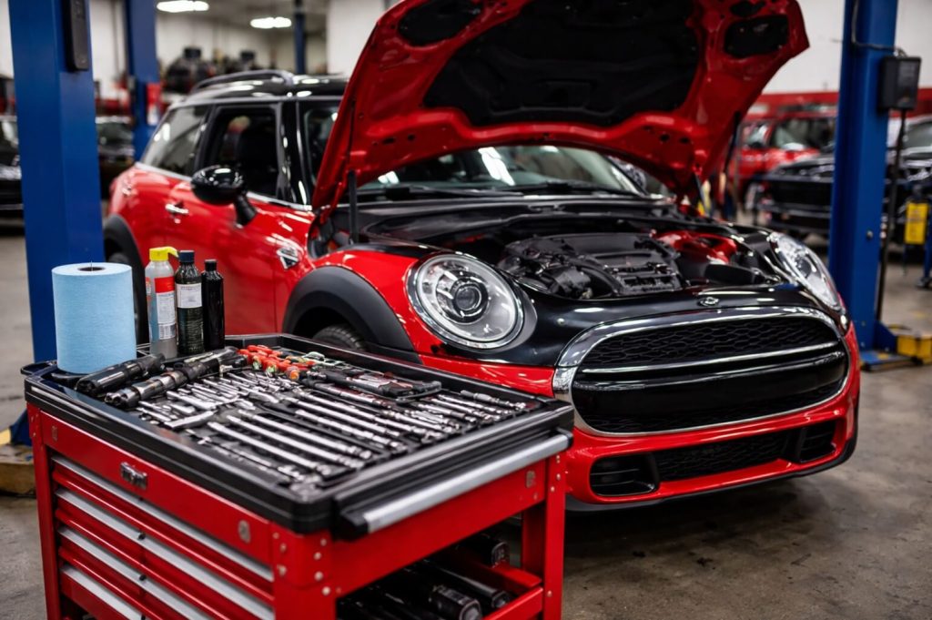 Red MINI in shop for routine maintenance service in Grand Haven