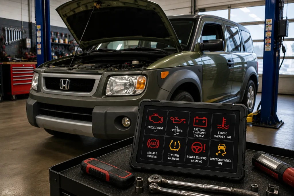 Honda Element in repair shop with vehicle warning lights displayed on diagnostic equipment