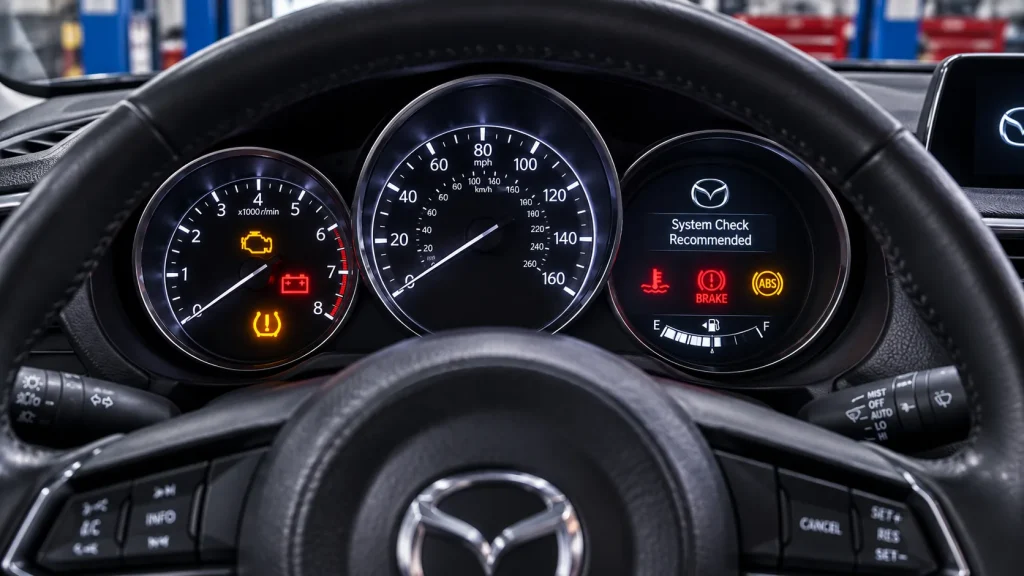 Mazda dashboard displaying multiple vehicle warning lights