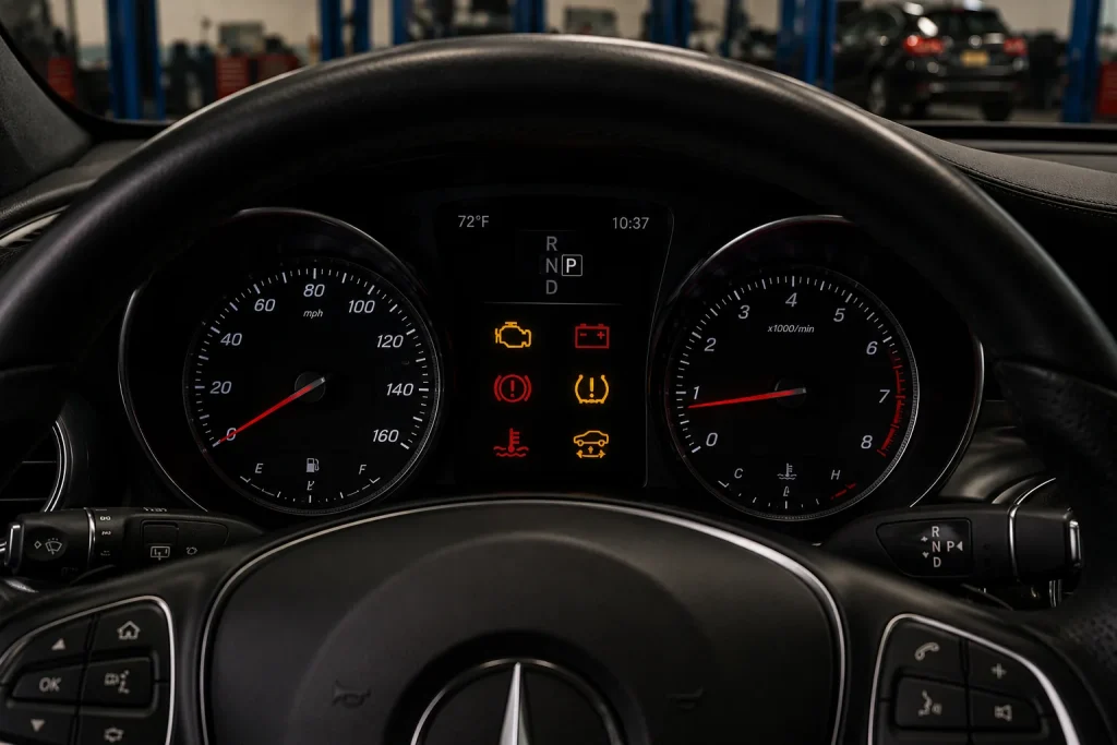 Mercedes-Benz dashboard displaying multiple vehicle warning lights